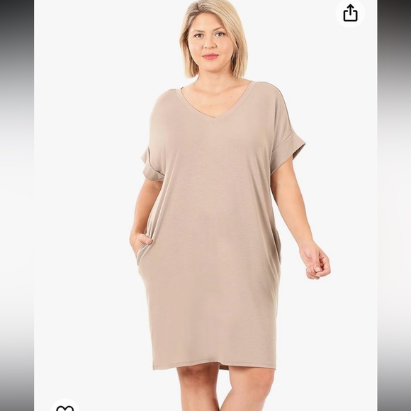 NWT! Plus size Rolled Short Sleeve Round Neck Pockets Soft Comfy Dress - Picture 1 of 5